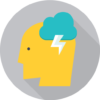 Icon of a yellow head with a blue cloud and white lightning bolt, symbolizing brainstorming