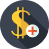 Gold dollar sign with a white plus symbol on a dark gray circle background