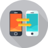 Two smartphones with data transfer arrows, one orange and one blue screen, digital illustration