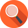 Flat design of a magnifying glass with a pink lens and black handle on an orange background
