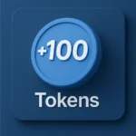 Blue digital token with +100 sign, textured surface, on dark blue background