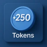 Blue 3D button with +250 Tokens text, plastic texture, on dark blue background