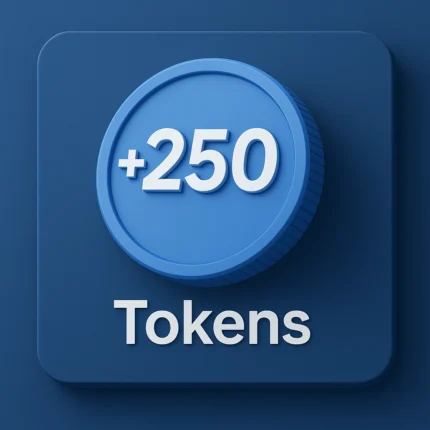 Blue 3D button with +250 Tokens text, plastic texture, on dark blue background