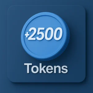 Blue digital token icon displaying +2500, styled in 3D on a dark blue background