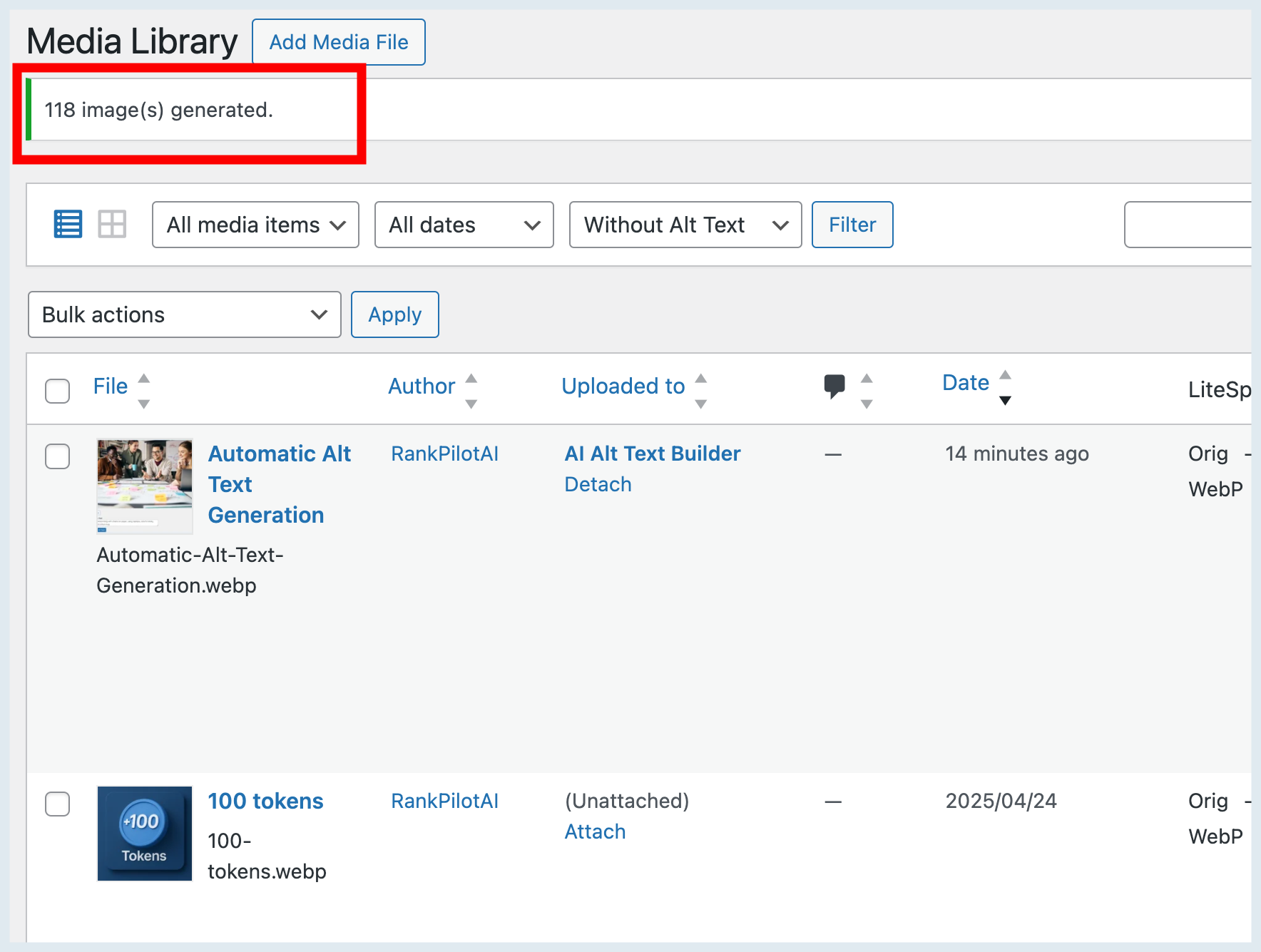Screenshot of a digital media library interface showing 118 images generated, with blue and white theme.