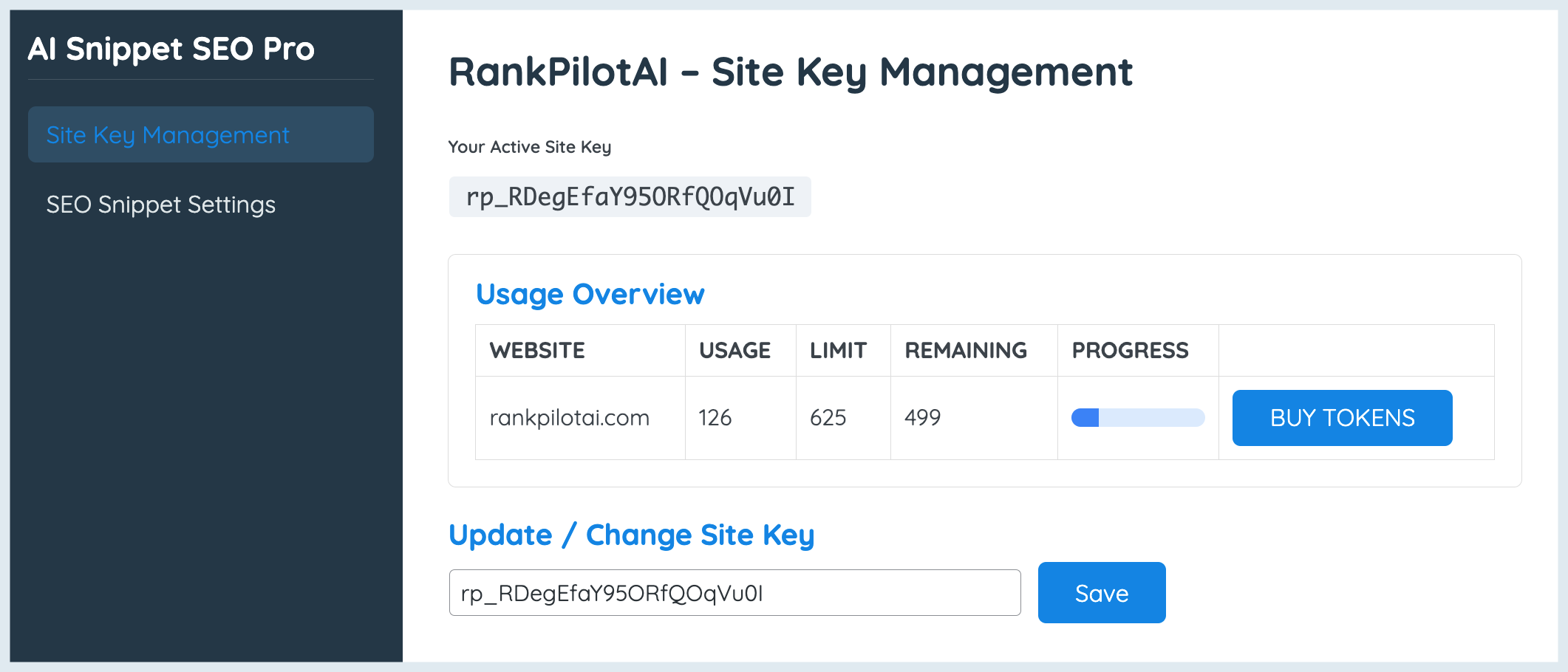 Dashboard showing site key management with usage stats, blue and white interface.