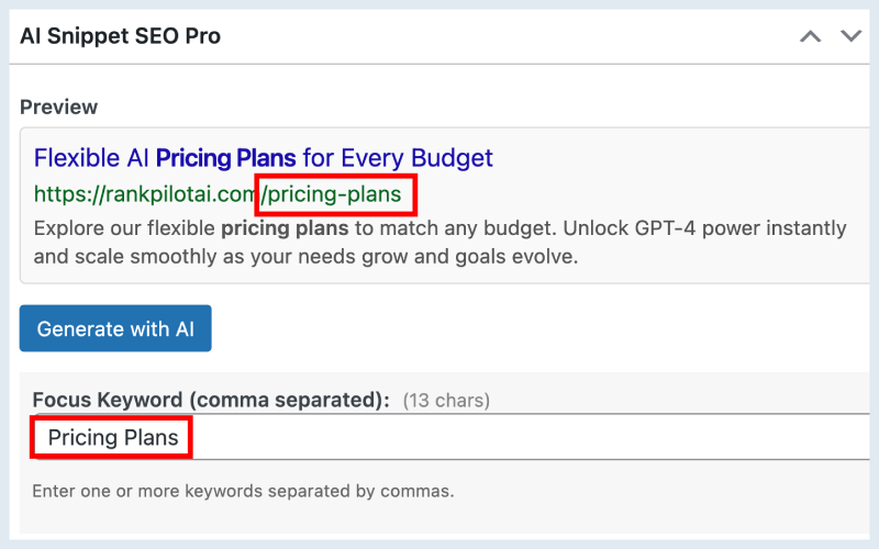 SEO tool interface showing AI pricing plans, white background, blue button.