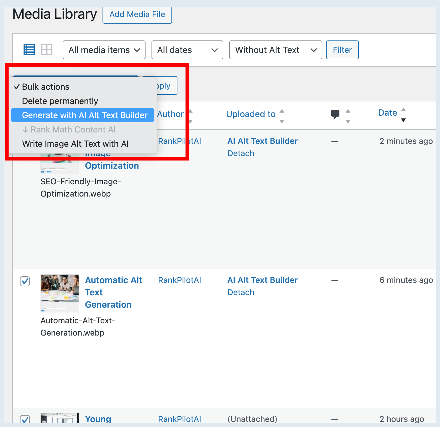 Screenshot of a media library interface with AI Alt Text Builder highlighted in red