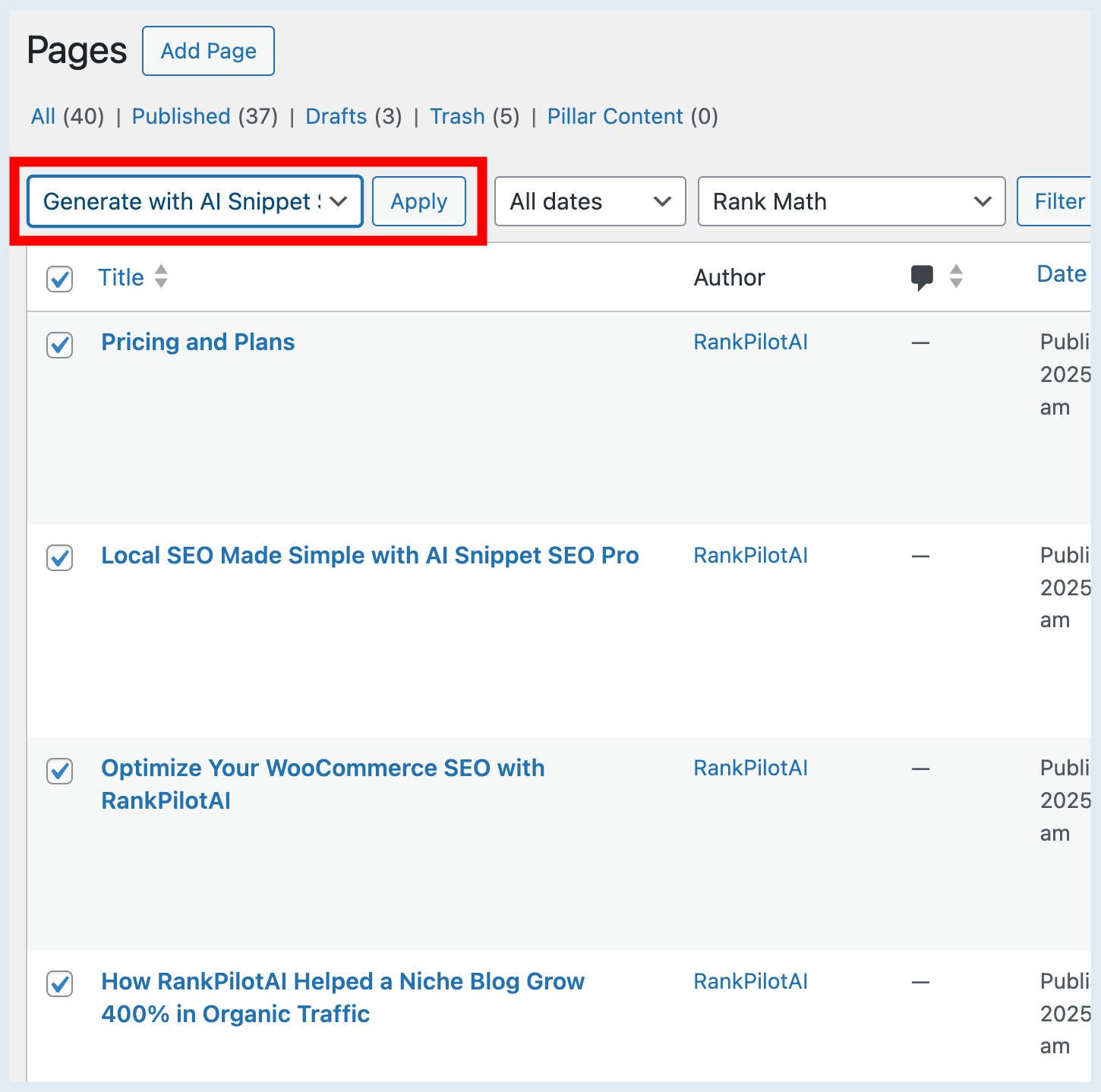 Webpage list with checkboxes, dropdown, and blue text on white background.