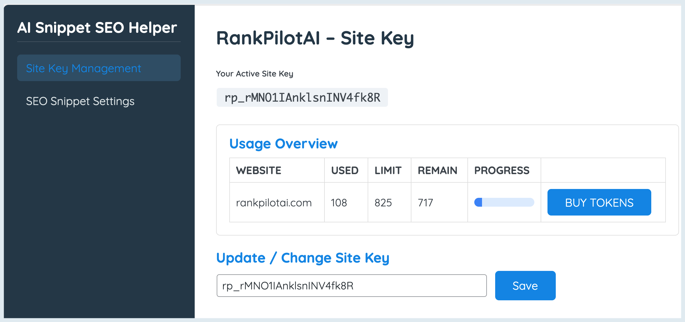 Dashboard showing site key management and usage overview in blue interface.