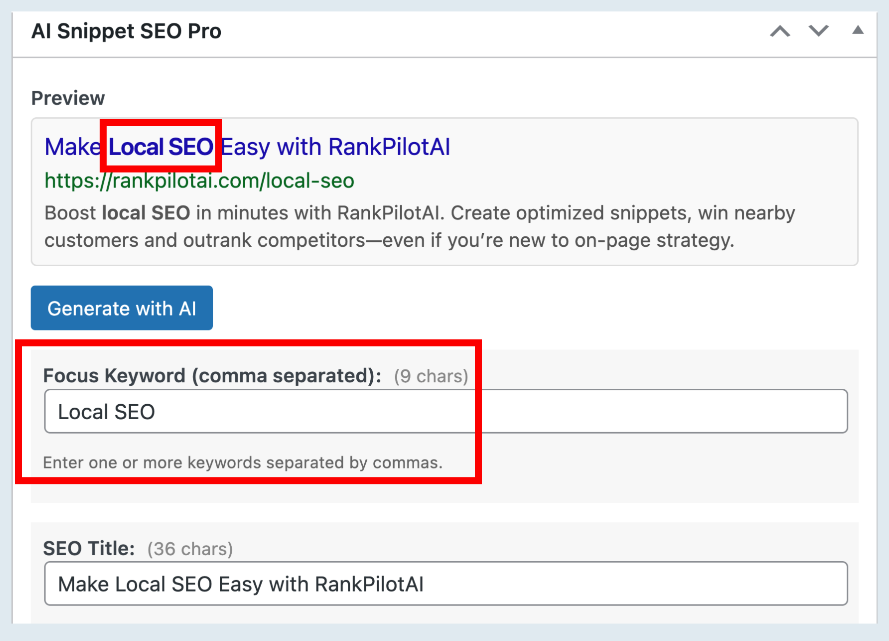 SEO tool interface with text fields, white background, blue and red highlights.