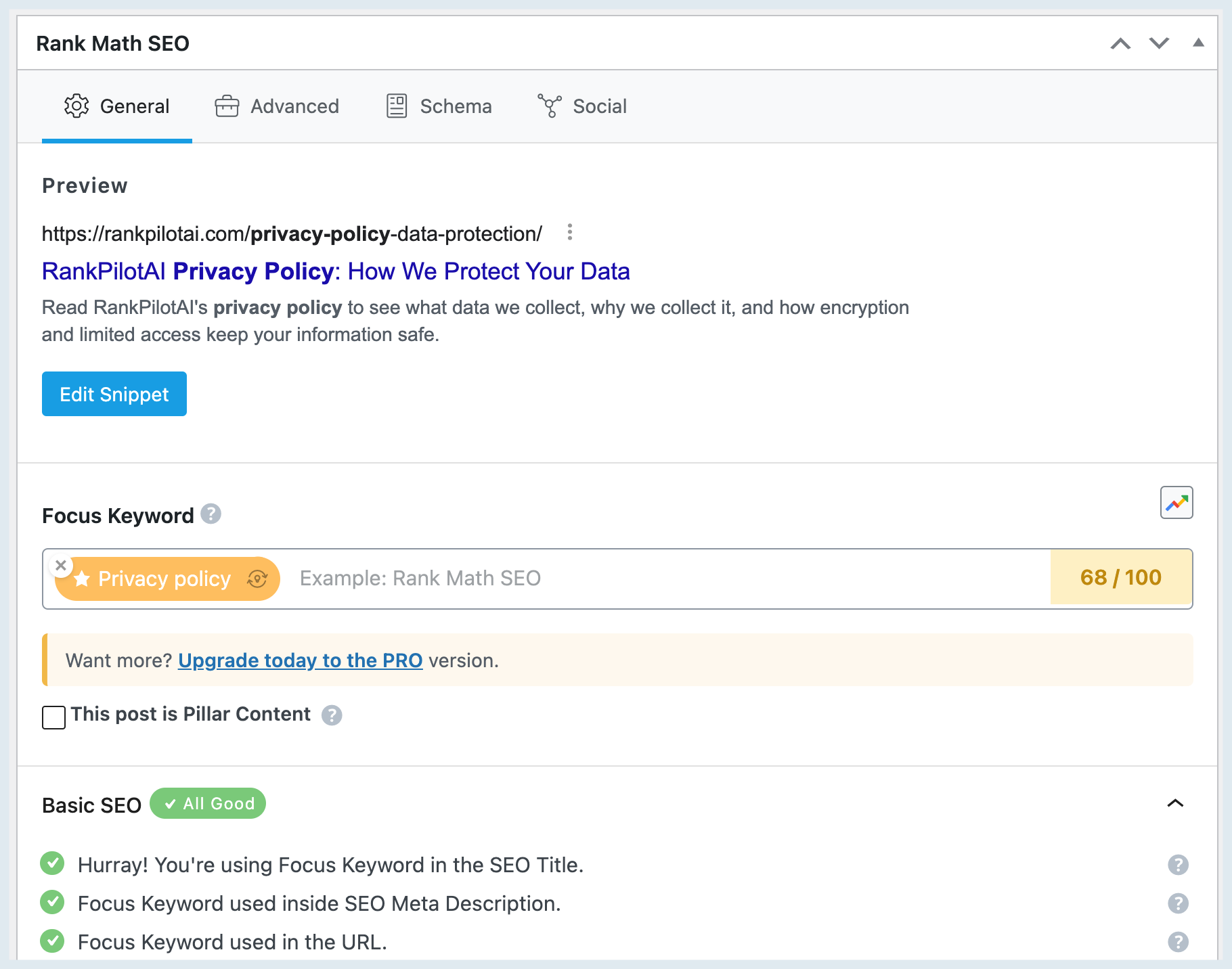 SEO tool interface with privacy policy focus, white background.