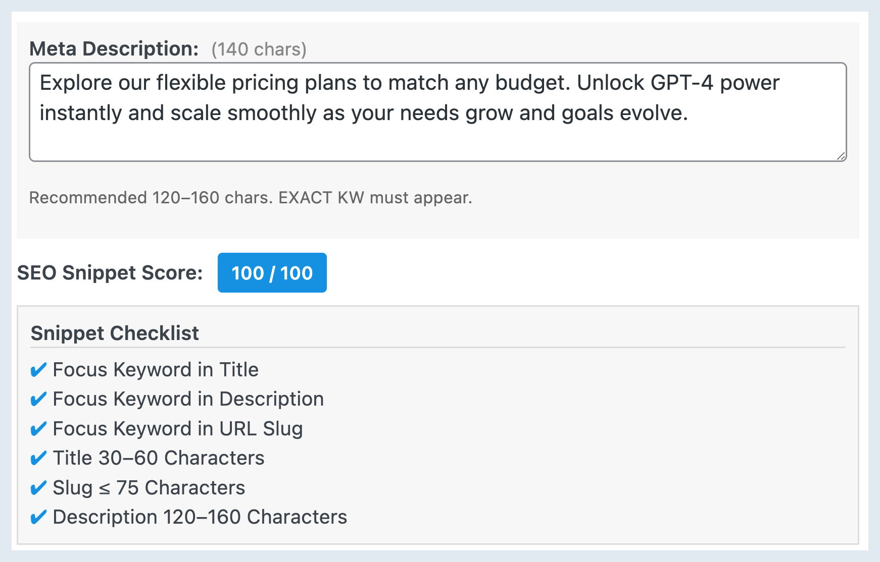 SEO tool interface with text box, checklist, blue highlights