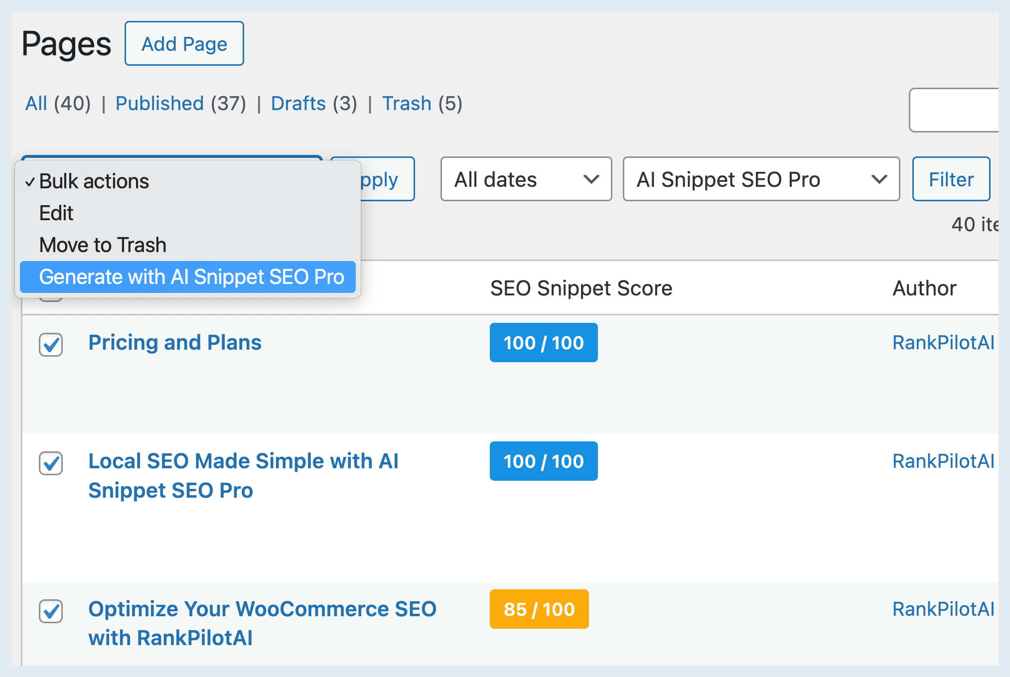 SEO dashboard with dropdown menu, blue and yellow score badges.