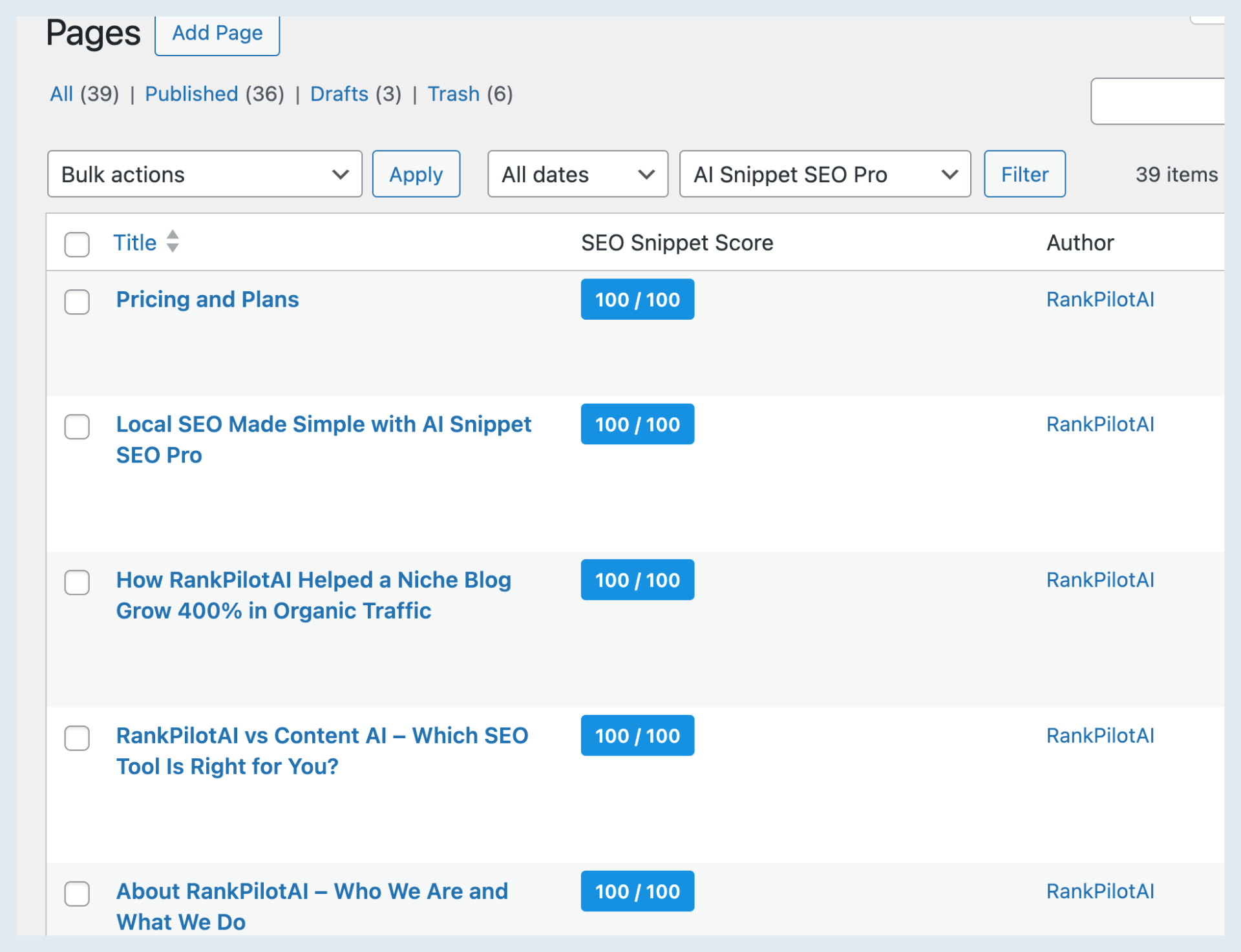 Screenshot of a webpage displaying a list of SEO optimized pages with titles and scores on a blue interface