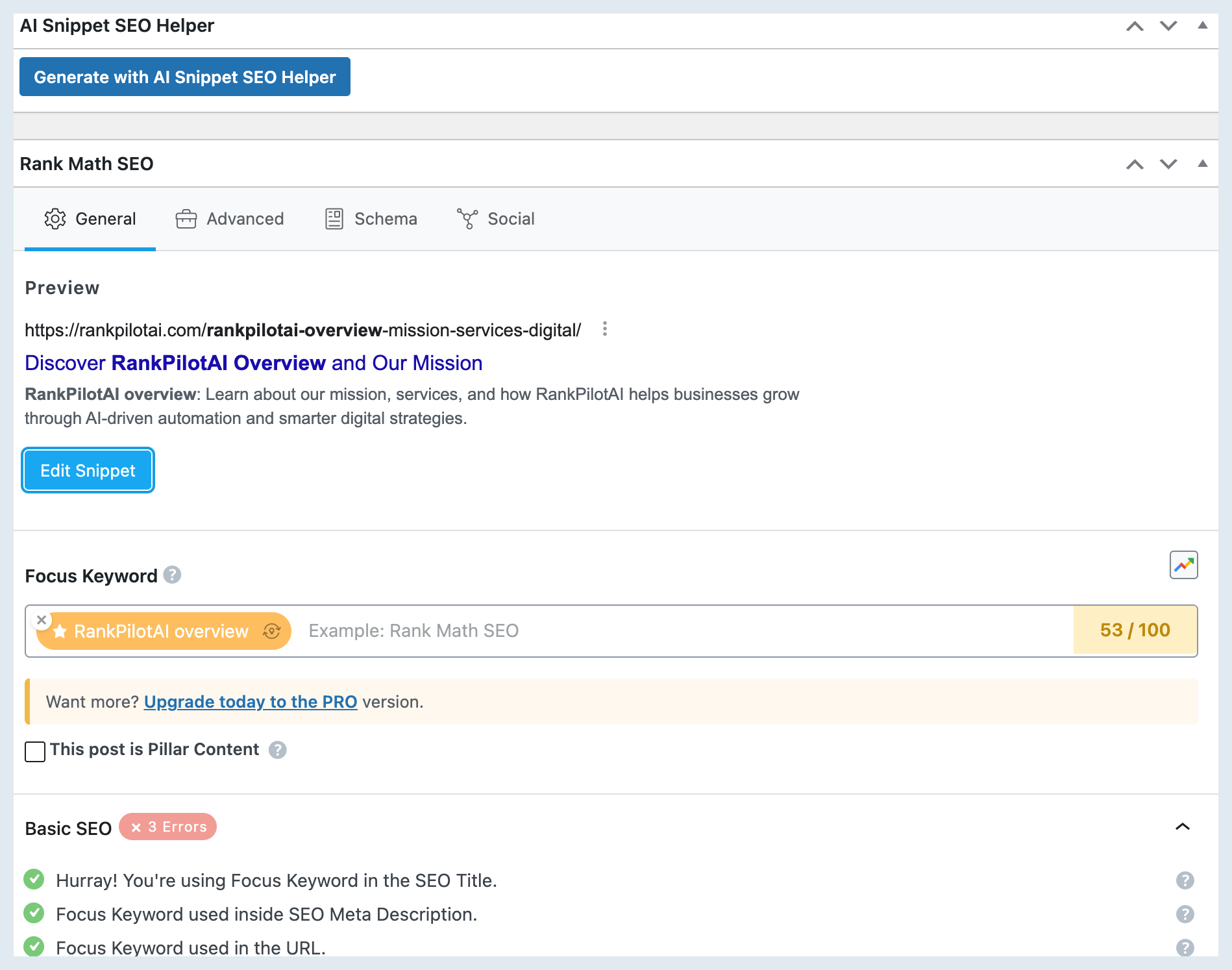 Screenshot of Rank Math SEO plugin interface on a computer screen, displaying text and settings options.