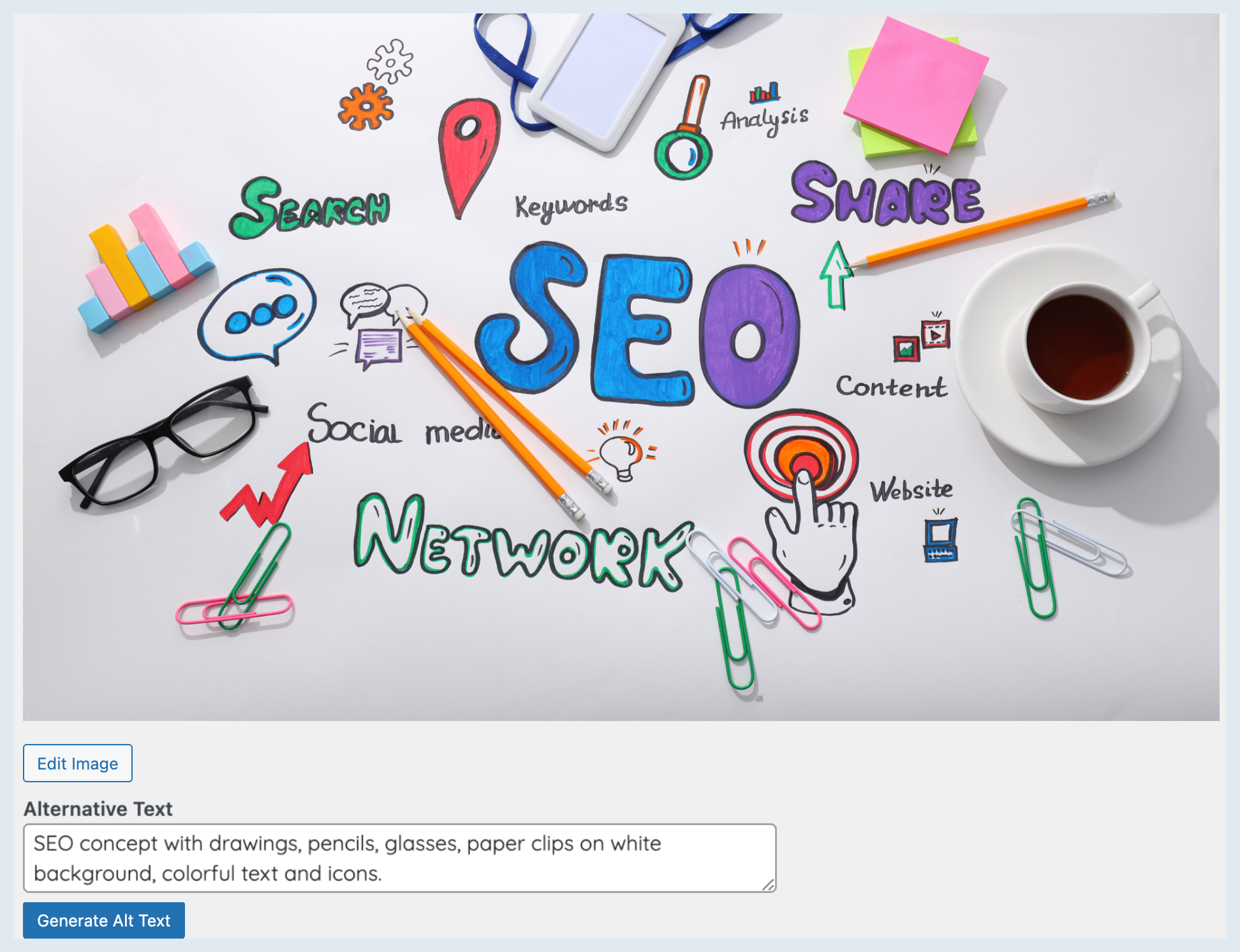 Colorful SEO concept with drawings, glasses, and stationery on a white background.