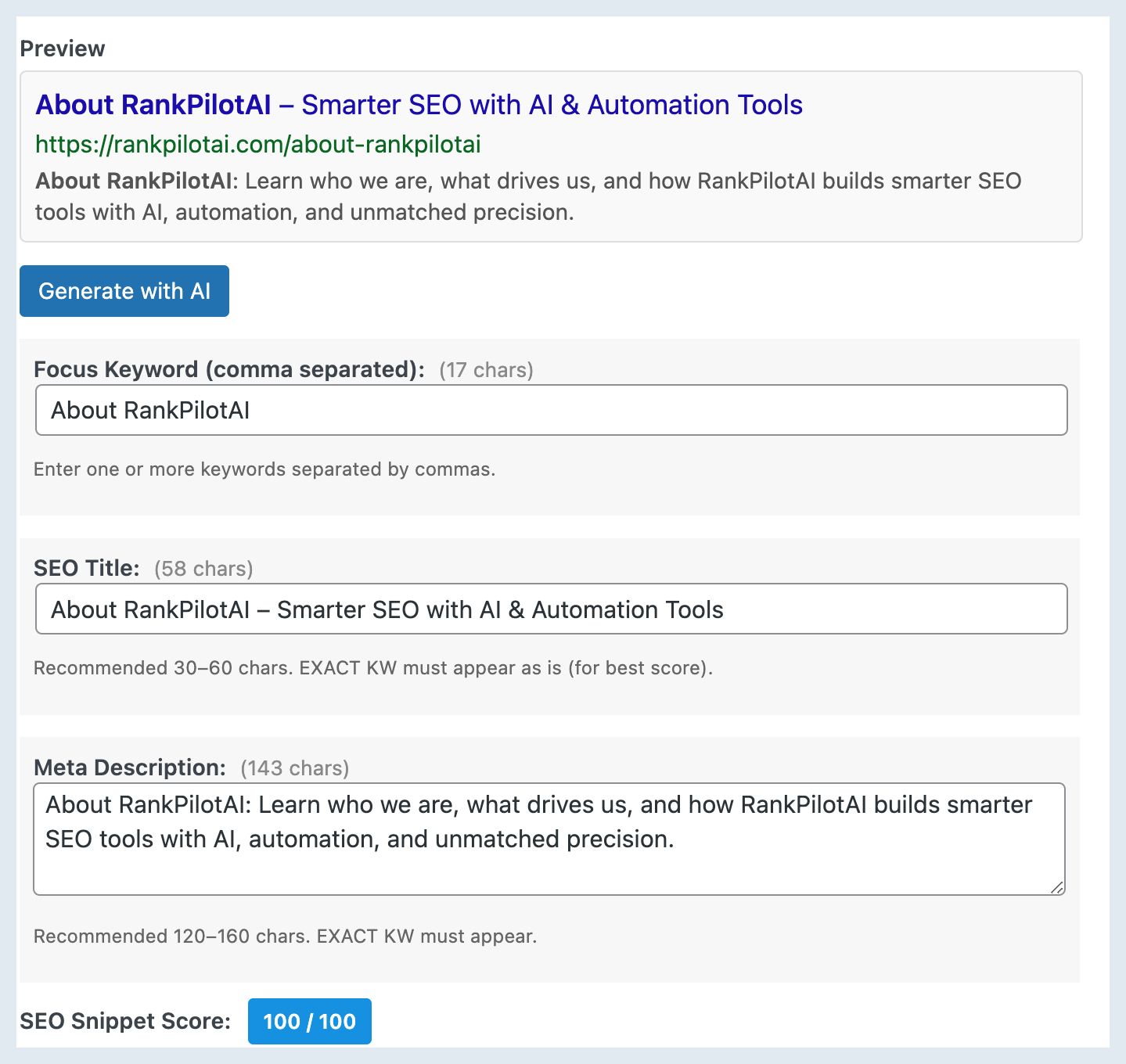 Screenshot of SEO tool interface with text fields and a score indicator, mostly in blue and white.