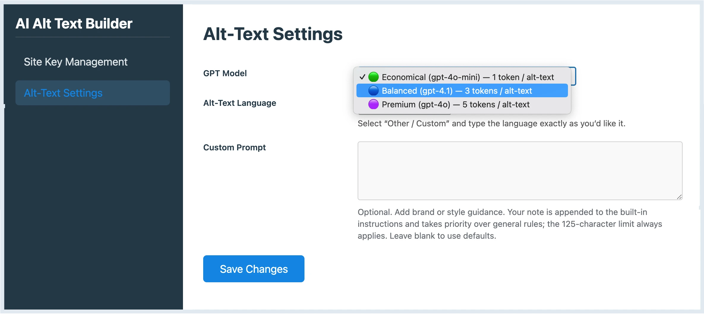 AI Alt Text Builder interface with dropdown for GPT model selection, featuring blue and green options.