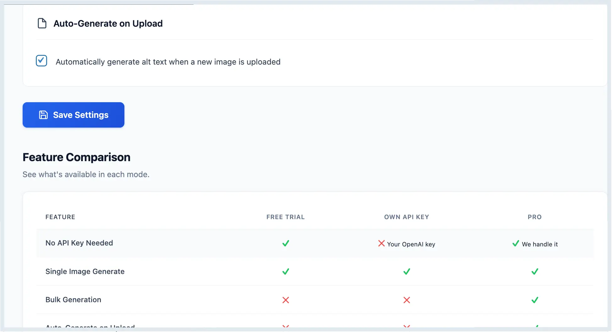 software interface showing feature comparison table with options and checkmarks on white background